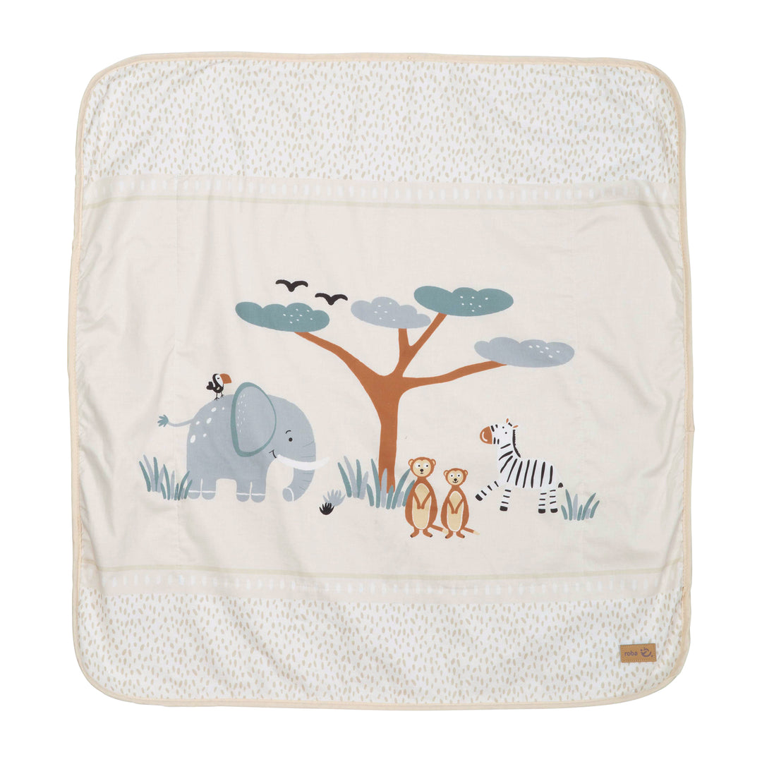 Babydecke "Savanna Friends" 80 x 80 cm ausgebreitet – bestickte Savannen-Szene mit Elefant, Baum, Zebra und Erdmännchen auf beigem, gepunktetem Stoff
