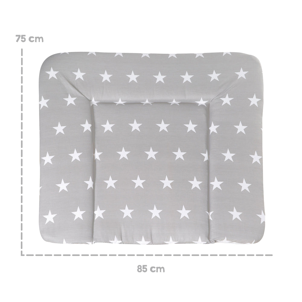 Maßgrafik der Wickelauflage 'Little Stars': 75 cm Tiefe, 85 cm Breite, graues Sternenmuster