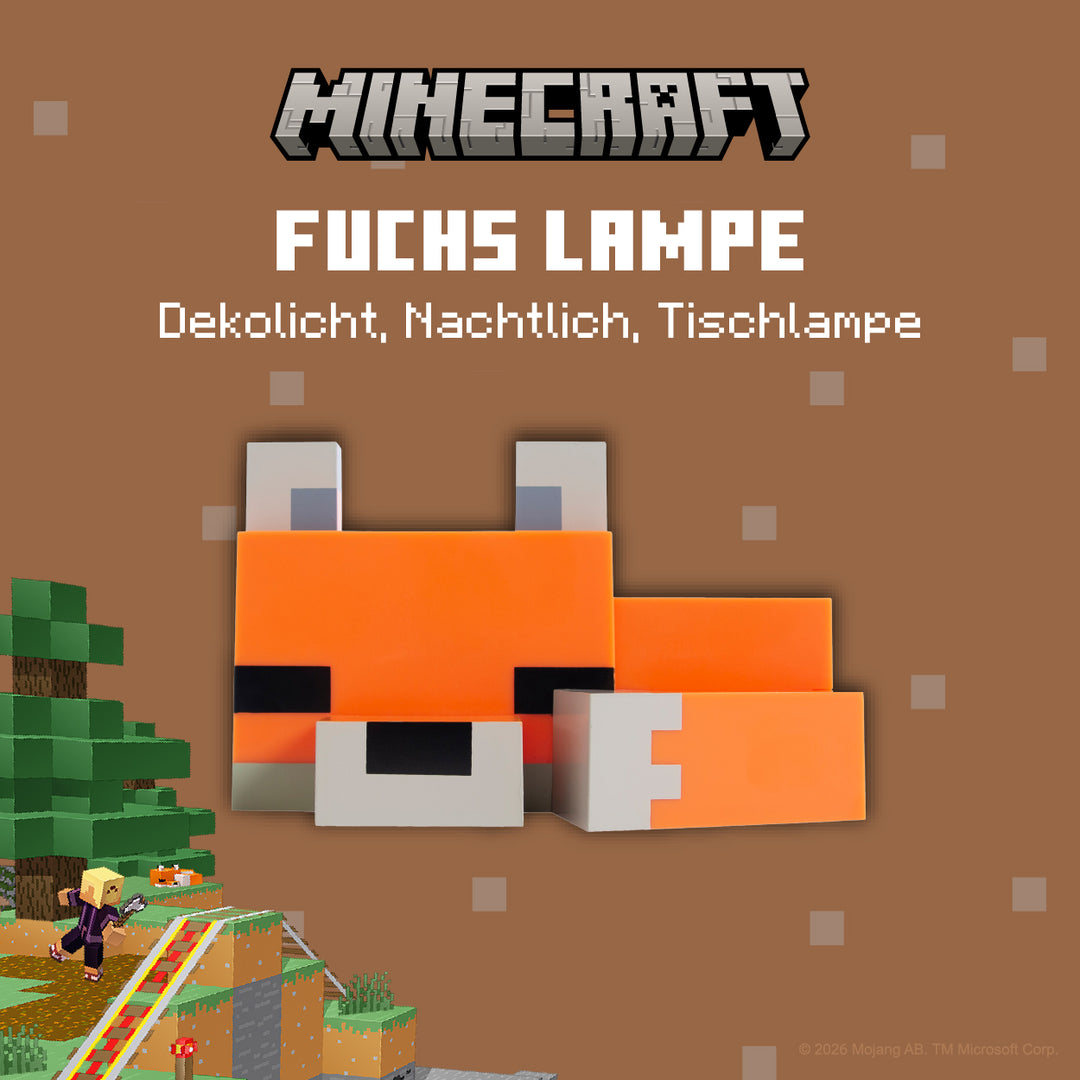 Werbegrafik Minecraft Fuchslampe: Dekolicht, Nachtlicht, Tischlampe, mit Minecraft-Landschaftsillustration