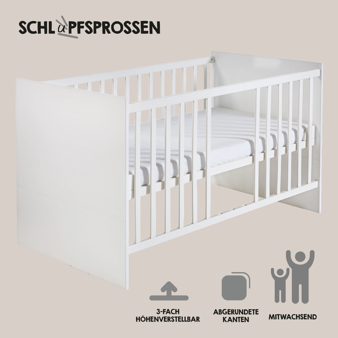 Set camera 'Maren' incl. letto combinato 70 x 140 cm, cassettiera fasciatoio largo & armadio 3ante - Bianco – Infografica (5/19)