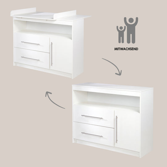 Set camera 'Maren' incl. letto combinato 70 x 140 cm, cassettiera fasciatoio largo & armadio 3ante - Bianco – Infografica (8/19)