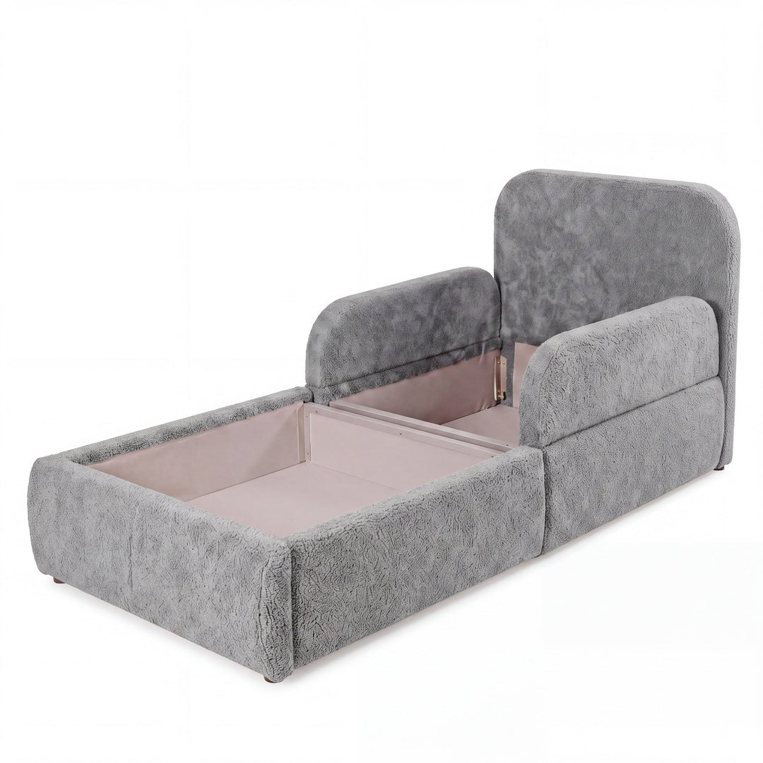 Opened grey bouclé children's bed with visible storage box, cut-out image.