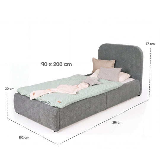 Dimension graphic of the grey children's bed: sleeping surface 90×200 cm, overall dimensions 216×102×87 cm, storage box 30 cm.