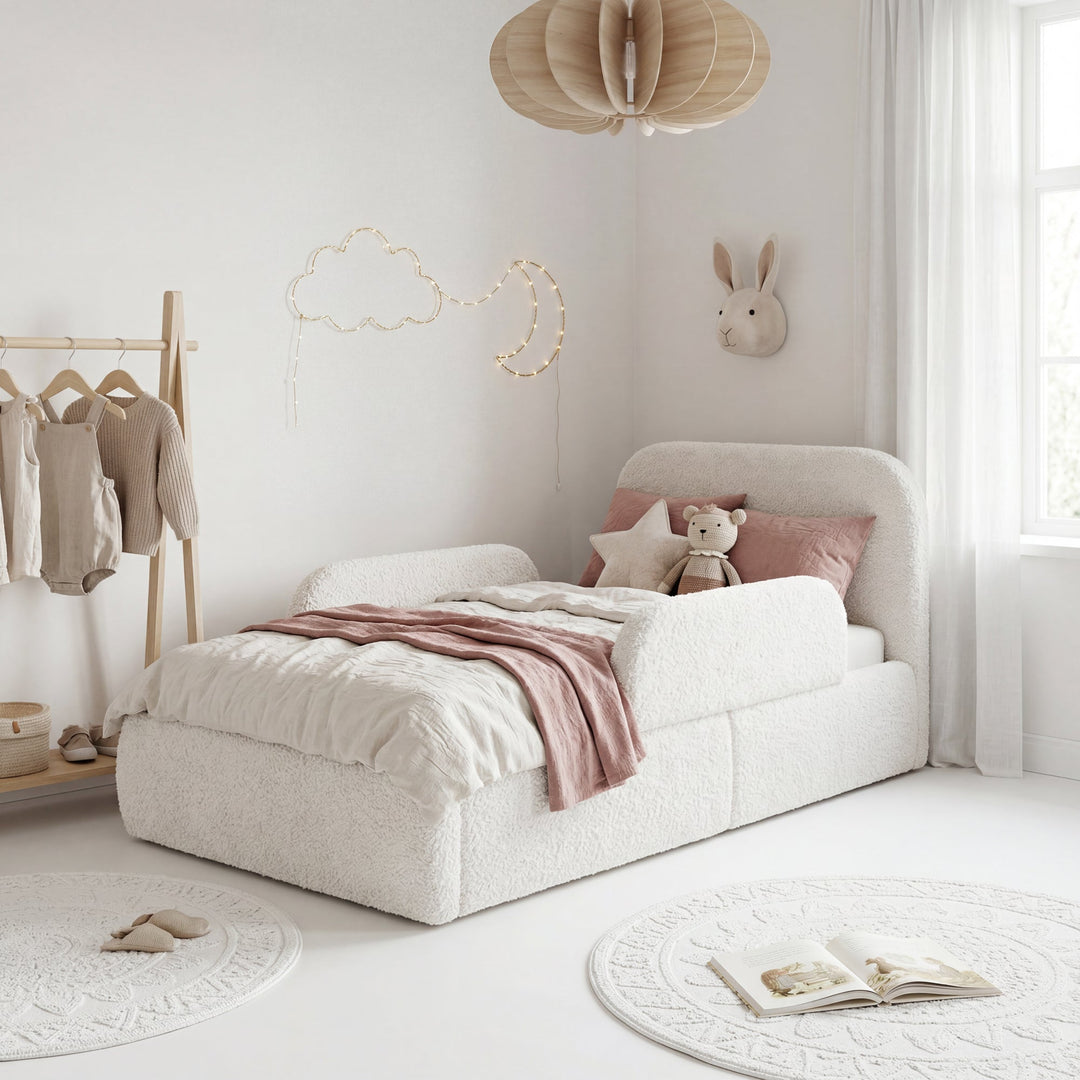 White bouclé children's bed with fall protection in a bright room with clothes rail and fairy lights. Fully AI-generated.