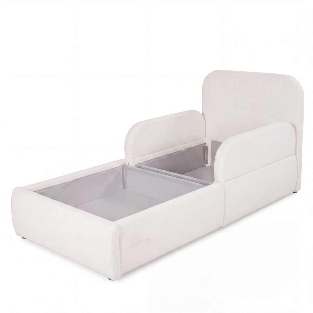 Opened white bouclé children's bed with visible storage box, cut-out image.