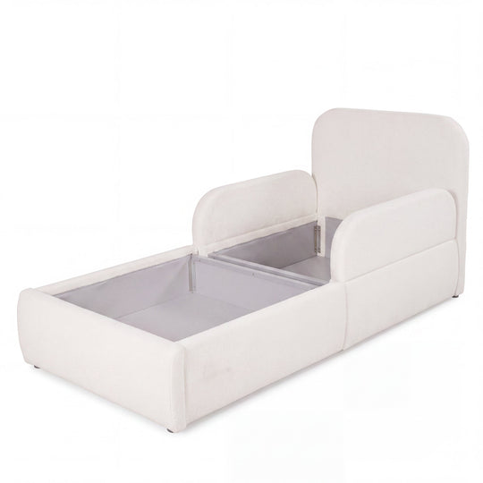 Opened white bouclé children's bed with visible storage box, cut-out image.