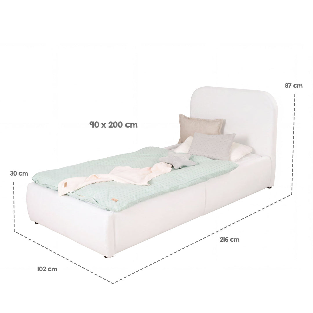 Dimension graphic of the white children's bed: sleeping surface 90×200 cm, overall dimensions 216×102×87 cm, storage box 30 cm.
