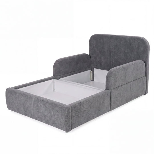 Letto grigio in bouclé aperto con contenitore visibile, immagine scontornata. Interamente generata con IA.