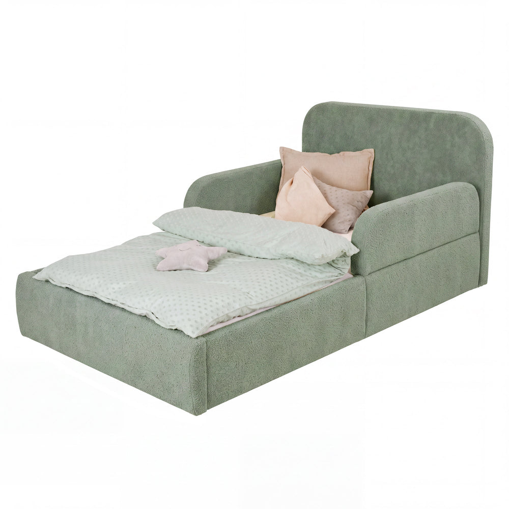 Letto per bambini roba Little Dream verde con testiera e sponde laterali, rifatto con biancheria. Parzialmente generata con IA.