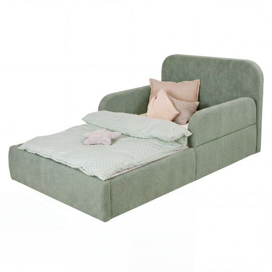 Letto per bambini roba Little Dream verde con testiera e sponde laterali, rifatto con biancheria. Parzialmente generata con IA.