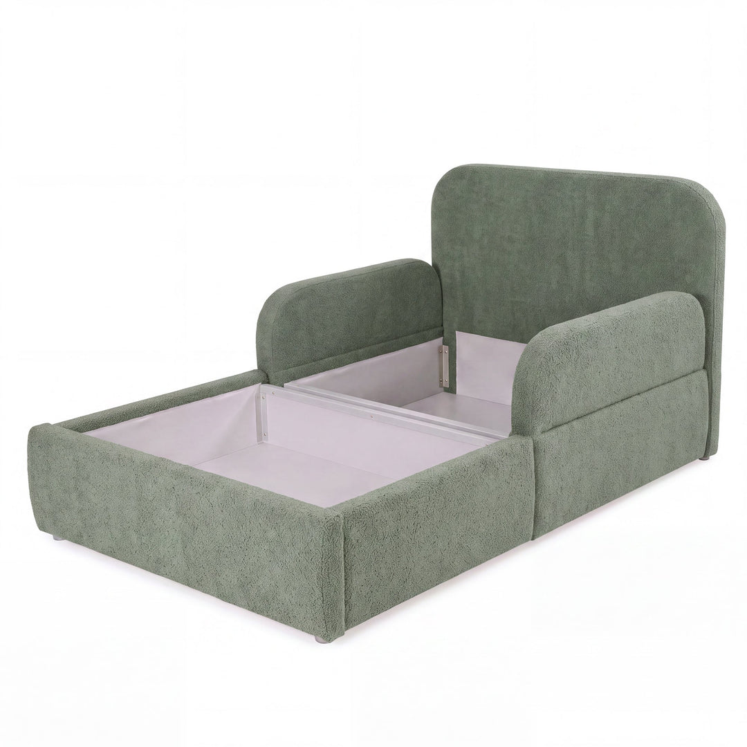 Letto per bambini roba Little Dream verde con contenitore aperto e spazio sotto la superficie di riposo. Parzialmente generata con IA.