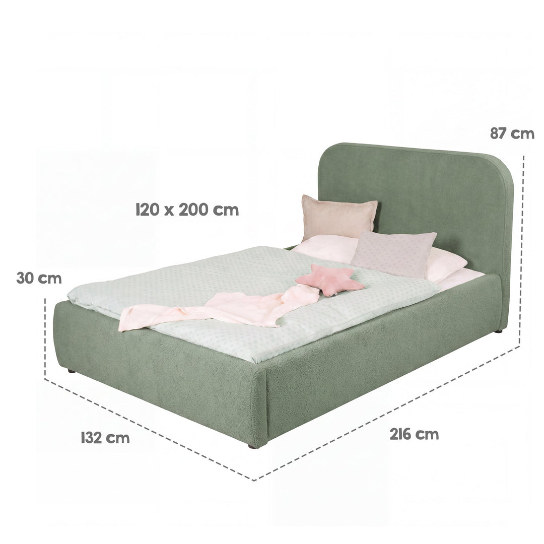 Grafica delle dimensioni del letto per bambini roba Little Dream: superficie di riposo 120x200 cm, larghezza 132 cm, lunghezza 216 cm, altezza 87 cm. Parzialmente generata con IA.
