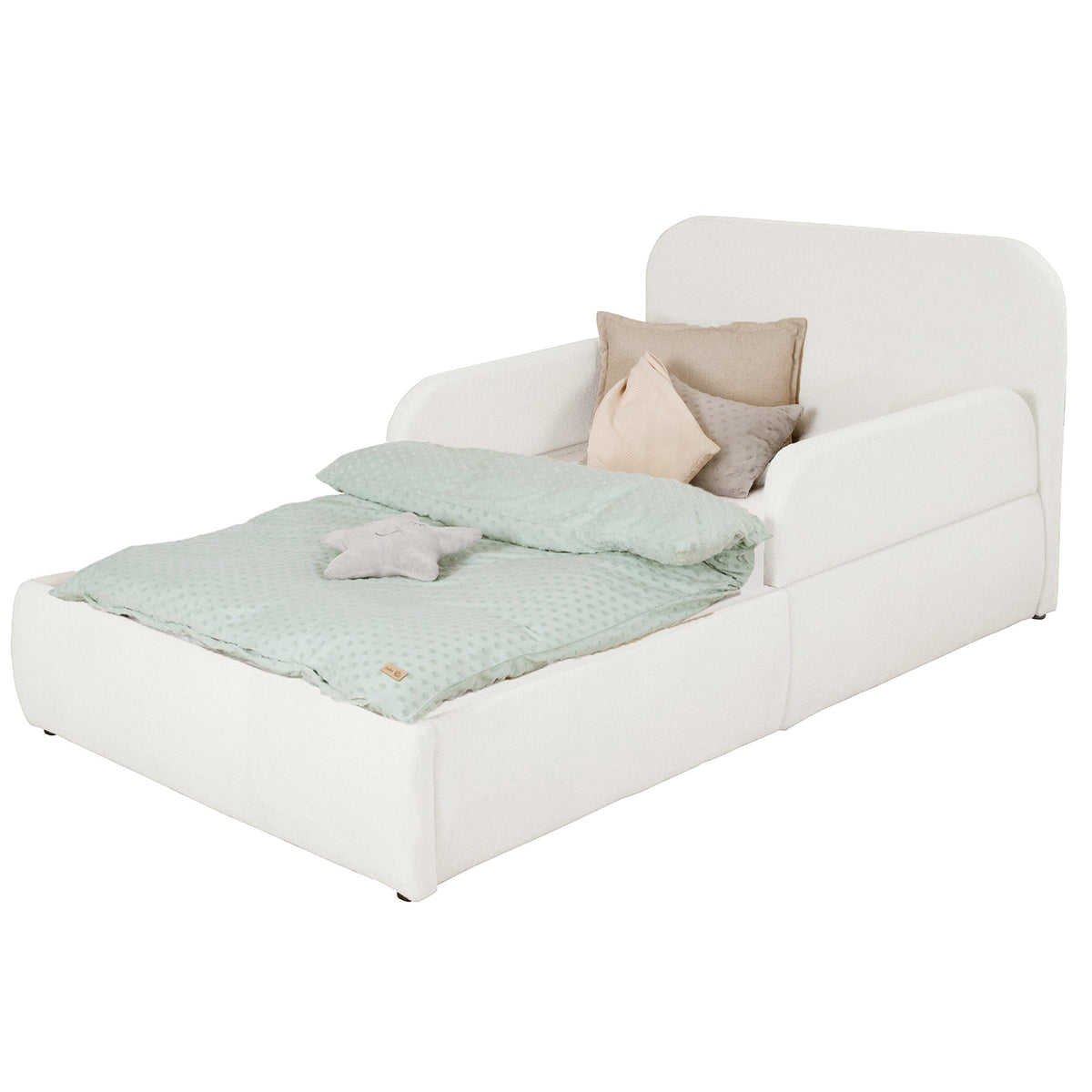 White bouclé bed with headboard and footboard, mint bed linen, cut-out image.
