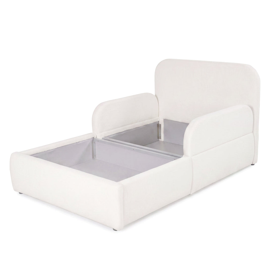 Opened white bouclé bed with visible storage box, cut-out image.