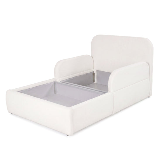 Opened white bouclé bed with visible storage box, cut-out image.