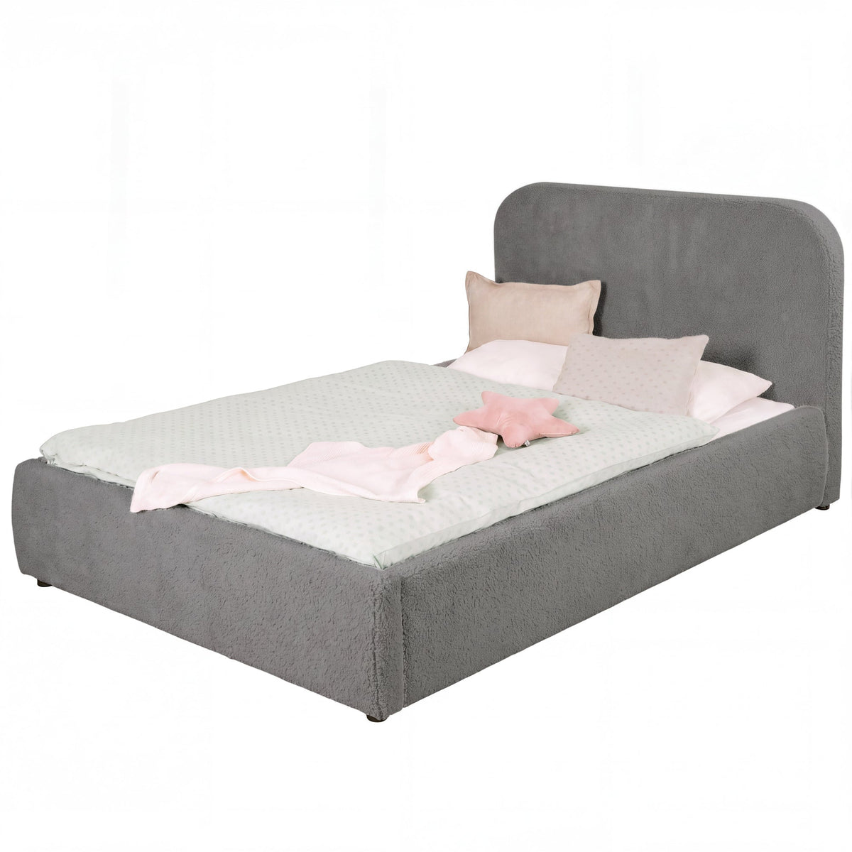 Letto per bambini roba Little Dream antracite con testiera imbottita, rifatto con biancheria a pois e cuscini. Parzialmente generata con IA.
