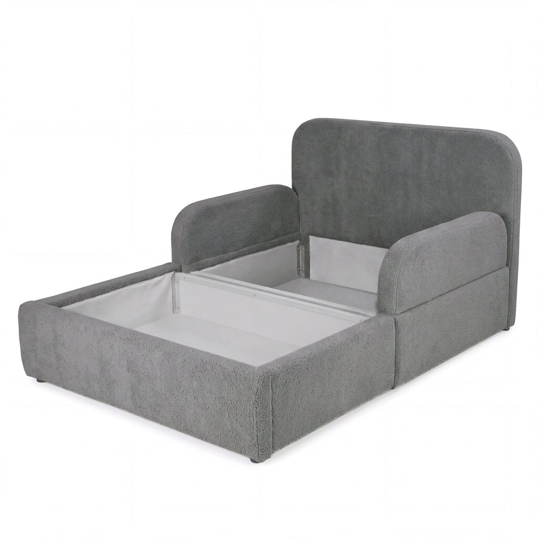 Anthracite roba Little Dream children's bed with opened storage box and storage space under the sleeping surface. Partially AI-generated.