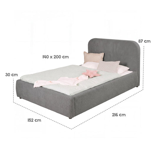 Dimension graphic of the roba Little Dream children's bed: sleeping surface 140x200 cm, width 152 cm, length 216 cm, height 87 cm. Partially AI-generated.
