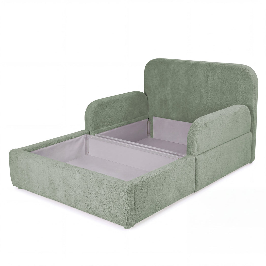 Letto per bambini roba Little Dream verde salvia con contenitore aperto e spazio sotto la superficie di riposo. Parzialmente generata con IA.