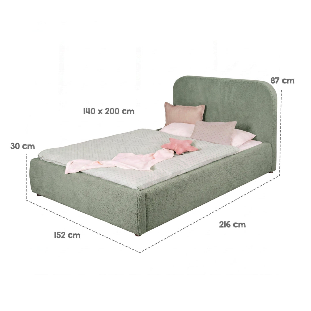 Grafica delle dimensioni del letto per bambini roba Little Dream: superficie di riposo 140x200 cm, larghezza 152 cm, lunghezza 216 cm, altezza 87 cm. Parzialmente generata con IA.