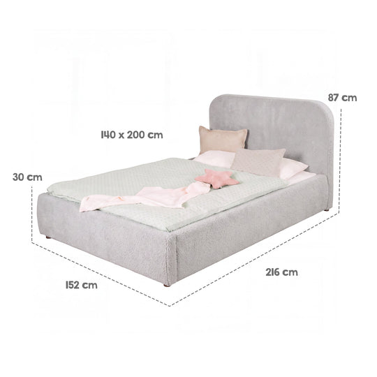 Gráfico de medidas de la cama infantil roba Little Dream: superficie de descanso 140x200 cm, ancho 152 cm, largo 216 cm, alto 87 cm. Generada parcialmente con IA.