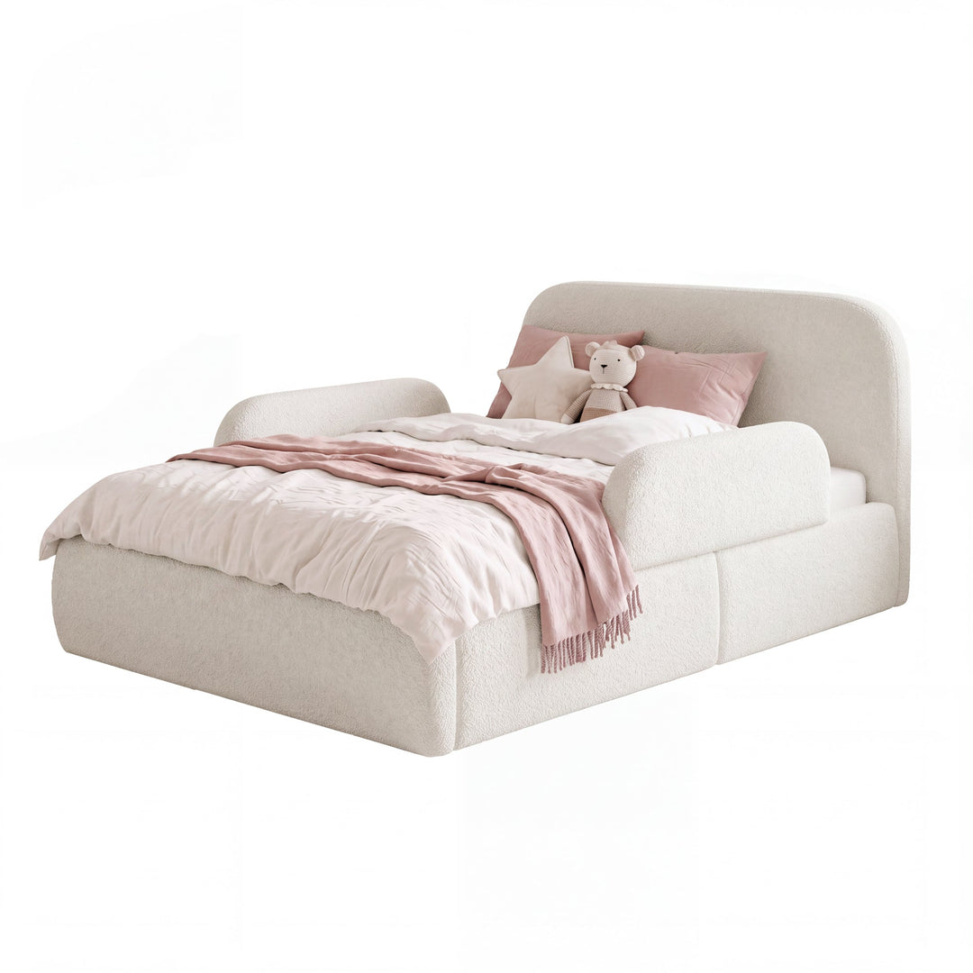 White roba Little Dream children's bed with side guard, white bed linen and cuddly toy. Partially AI-generated.