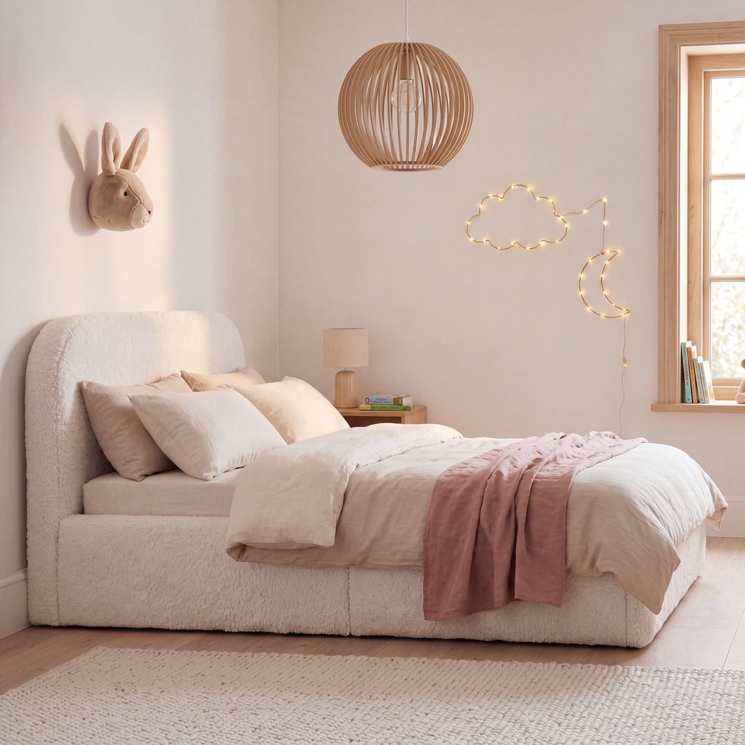 White roba Little Dream children's bed in a cosy children's room with pendant lamp and fairy lights. Partially AI-generated.