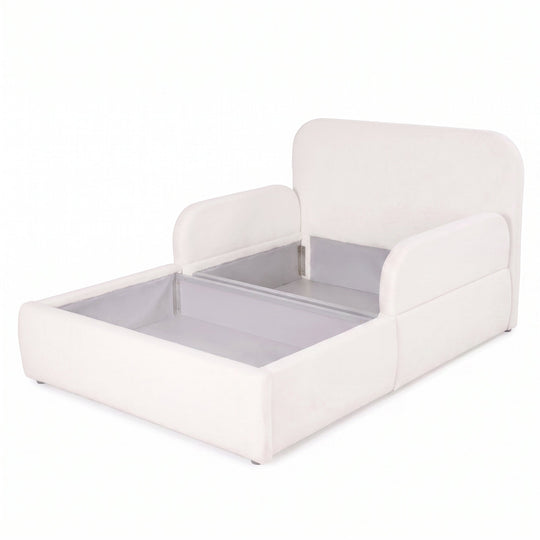 White roba Little Dream children's bed with opened storage box and storage space under the sleeping surface. Partially AI-generated.