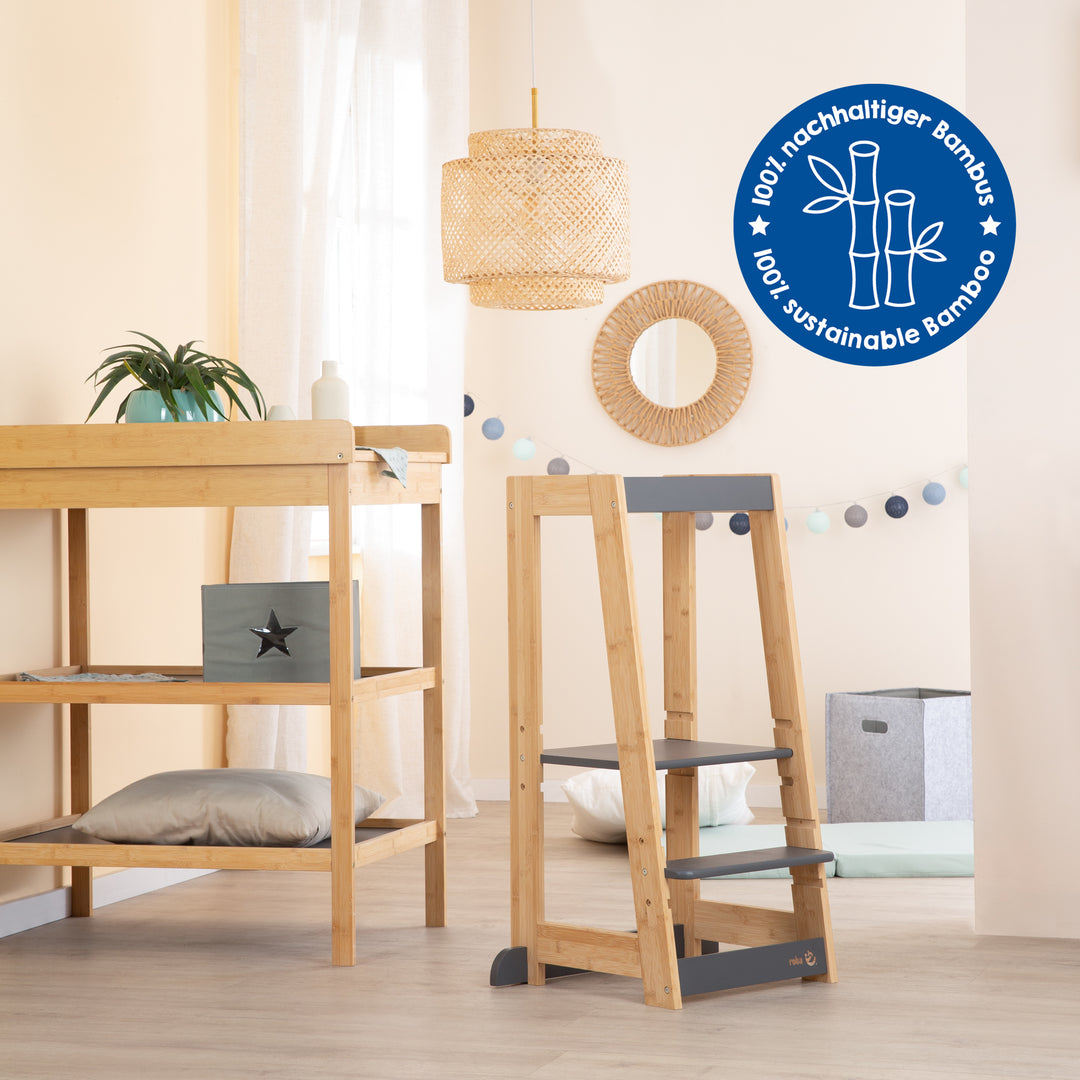 Torretta di apprendimento per bambini in legno - Fino a 80 kg portante - Antracite / bambù – Infografica (9/11)