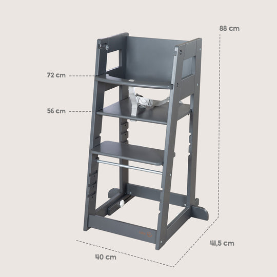 Maßgrafik des Lernturms 'Sit & Step' in Anthrazit in Hochstuhl-Konfiguration: Gesamthöhe 88 cm, Sitzhöhe 72 cm, Tischhöhe 56 cm, mit Sicherheitsgurt.