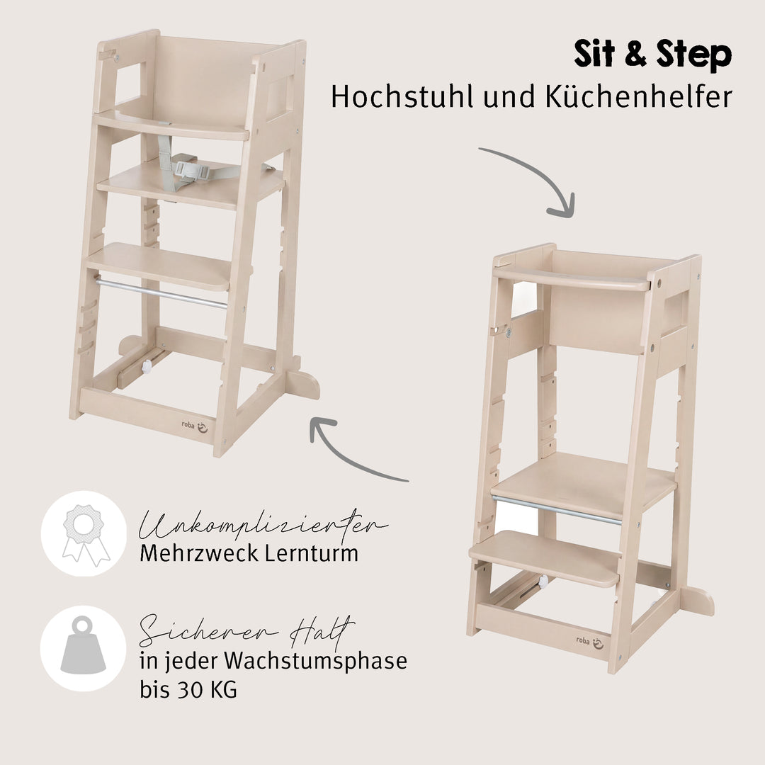 Grafik 'Sit & Step - Hochstuhl und Küchenhelfer': Gegenüberstellung von Hochstuhl- und Steh-Konfiguration mit den Hinweisen 'Unkomplizierter Mehrzweck Lernturm' und 'Sicheren Halt in jeder Wachstumsphase bis 30 kg'.