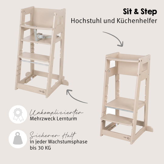 Grafik 'Sit & Step - Hochstuhl und Küchenhelfer': Gegenüberstellung von Hochstuhl- und Steh-Konfiguration mit den Hinweisen 'Unkomplizierter Mehrzweck Lernturm' und 'Sicheren Halt in jeder Wachstumsphase bis 30 kg'.