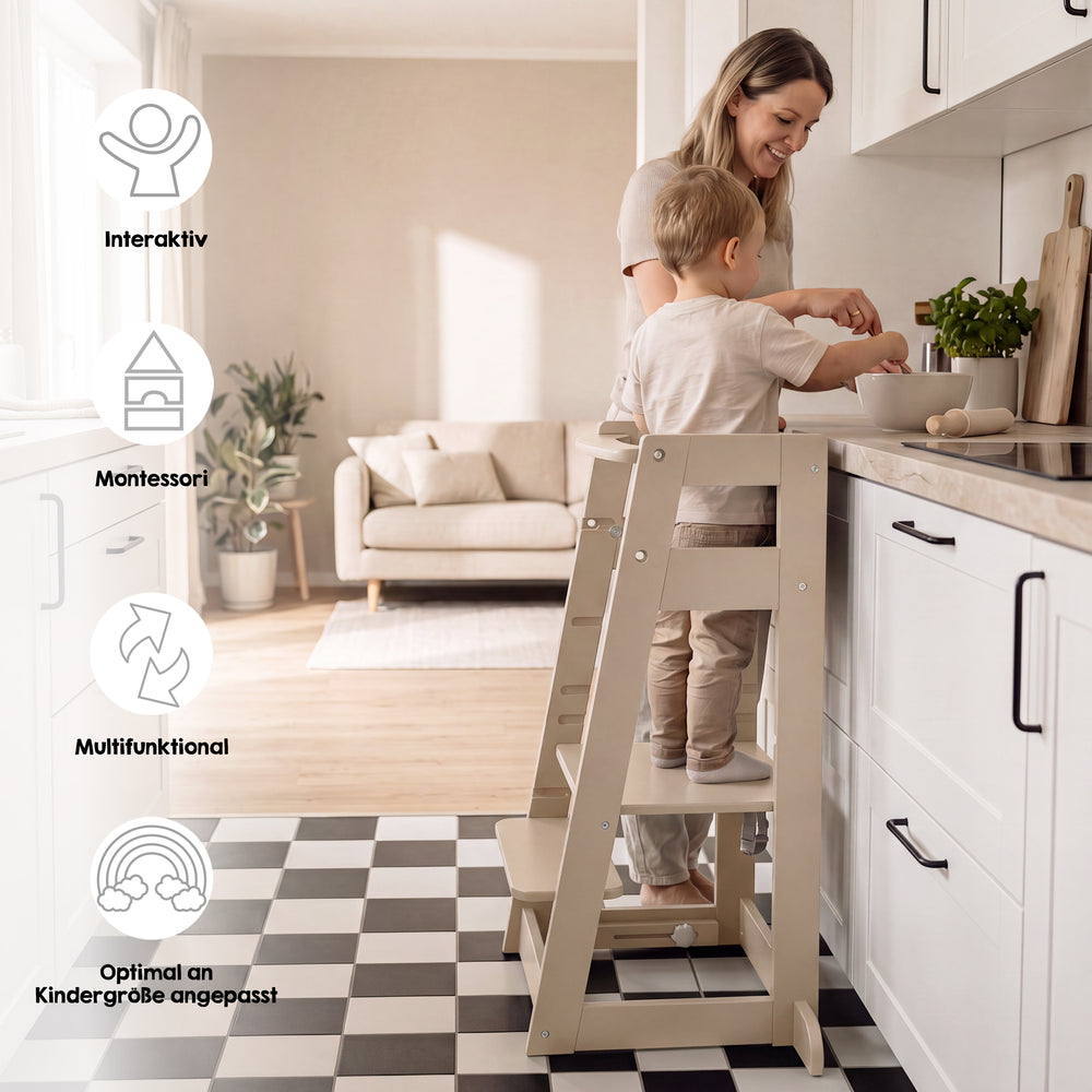 Lifestyle-Bild mit Symbolen 'Interaktiv, Montessori, Multifunktional, Optimal an Kindergröße angepasst': Mutter und Kleinkind rühren gemeinsam in einer Schüssel, das Kind steht im Cashmere-farbenen Lernturm an der Küchentheke.