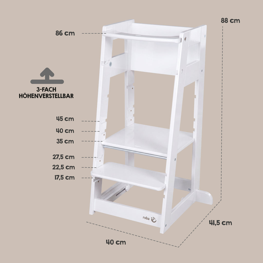 Maßgrafik des Lernturms 'Sit & Step' in Weiß in Hochstuhl-Konfiguration: Gesamthöhe 88 cm, Sitzhöhe 72 cm, Tischhöhe 56 cm, mit Sicherheitsgurt.