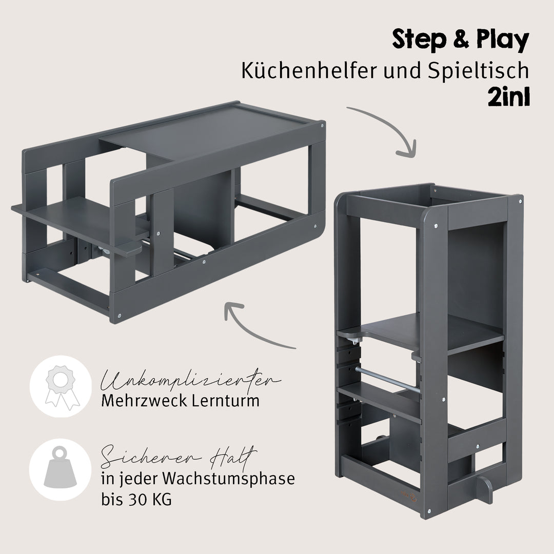 Infografik zum Lernturm 'Step & Play' 2in1 in Anthrazit: Küchenhelfer und Spieltisch, mit den Hinweisen 'Unkomplizierter Mehrzweck-Lernturm' und 'Sicherer Halt in jeder Wachstumsphase bis 30 kg'.