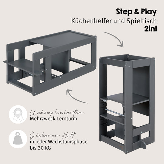 Infografik zum Lernturm 'Step & Play' 2in1 in Anthrazit: Küchenhelfer und Spieltisch, mit den Hinweisen 'Unkomplizierter Mehrzweck-Lernturm' und 'Sicherer Halt in jeder Wachstumsphase bis 30 kg'.