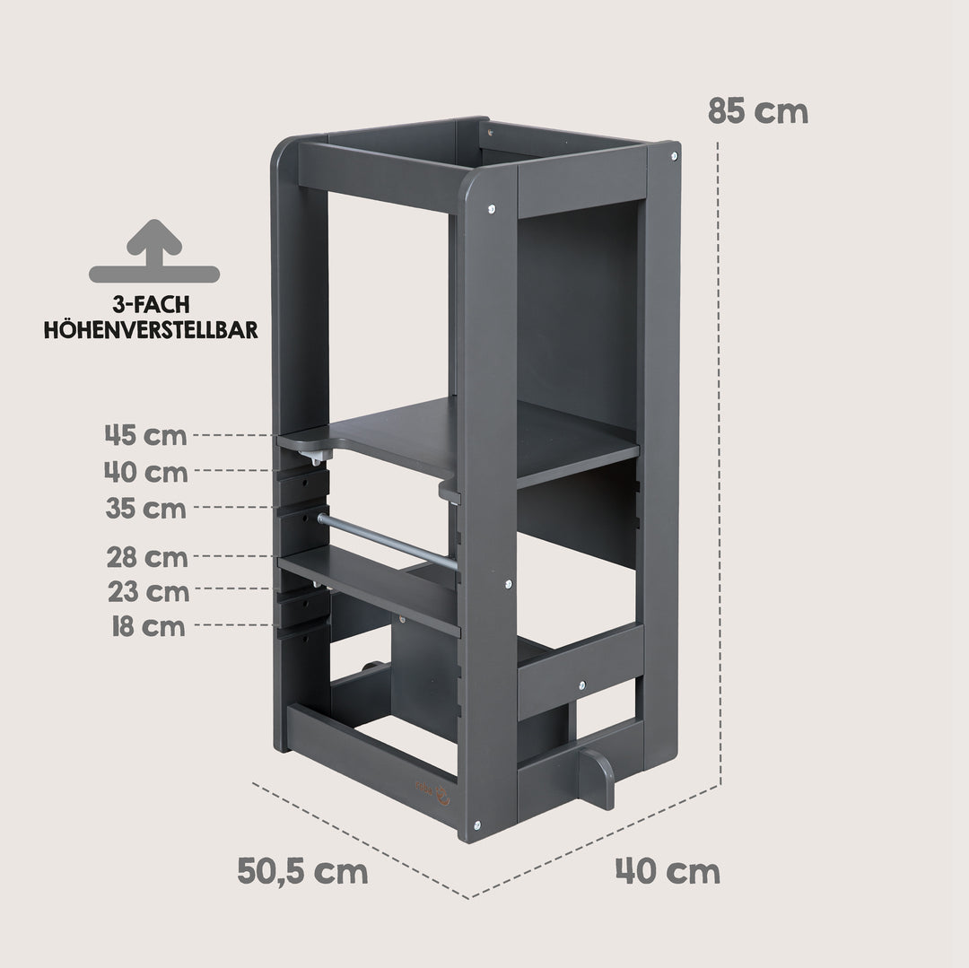 Maßgrafik des Lernturms 'Step & Play' in Anthrazit: Höhe 85 cm, Breite 50,5 cm, Tiefe 40 cm, 3-fach höhenverstellbare Standfläche mit den Stufen 18/23/28/35/40/45 cm.