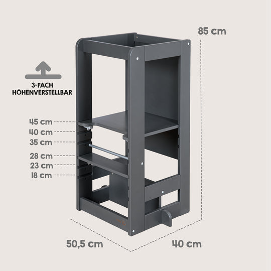 Maßgrafik des Lernturms 'Step & Play' in Anthrazit: Höhe 85 cm, Breite 50,5 cm, Tiefe 40 cm, 3-fach höhenverstellbare Standfläche mit den Stufen 18/23/28/35/40/45 cm.