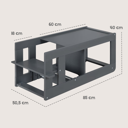Maßgrafik der umgebauten Sitzgarnitur in Anthrazit: Länge 85 cm, Tiefe 50,5 cm, Tischbreite 60 cm, Höhe 40 cm, Sitzhöhe 18 cm.