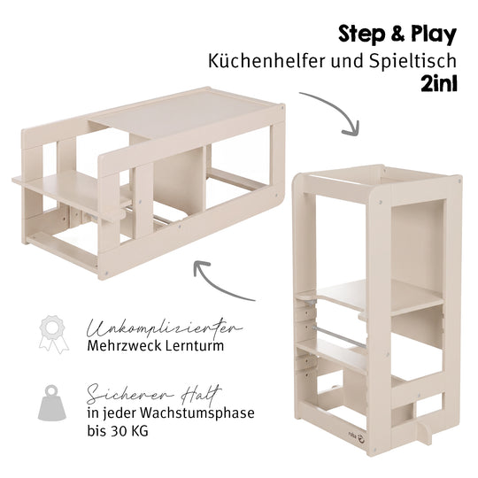 Infografik zum Lernturm 'Step & Play' 2in1 in Cashmere: Küchenhelfer und Spieltisch, mit den Hinweisen 'Unkomplizierter Mehrzweck-Lernturm' und 'Sicherer Halt in jeder Wachstumsphase bis 30 kg'.