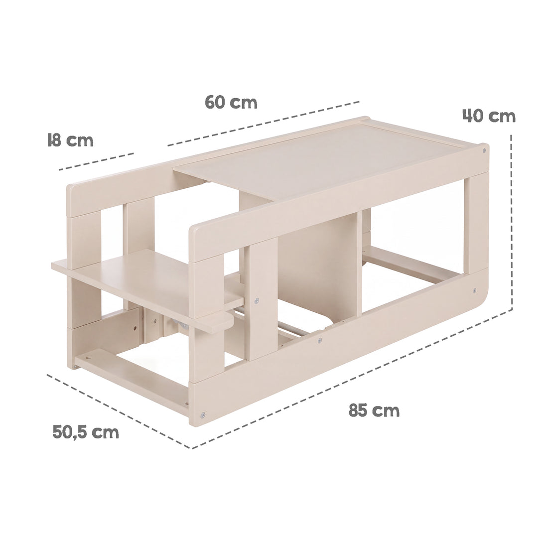 Maßgrafik der umgebauten Sitzgarnitur in Cashmere: Länge 85 cm, Tiefe 50,5 cm, Tischbreite 60 cm, Höhe 40 cm, Sitzhöhe 18 cm.