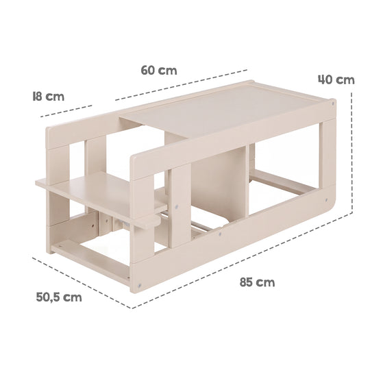 Maßgrafik der umgebauten Sitzgarnitur in Cashmere: Länge 85 cm, Tiefe 50,5 cm, Tischbreite 60 cm, Höhe 40 cm, Sitzhöhe 18 cm.