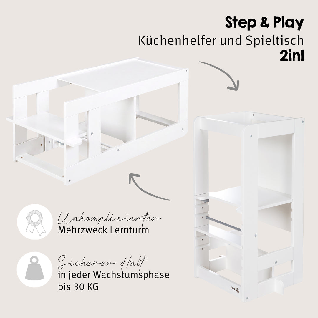 Infografik zum Lernturm 'Step & Play' 2in1 in Weiß: Küchenhelfer und Spieltisch, mit den Hinweisen 'Unkomplizierter Mehrzweck-Lernturm' und 'Sicherer Halt in jeder Wachstumsphase bis 30 kg'.