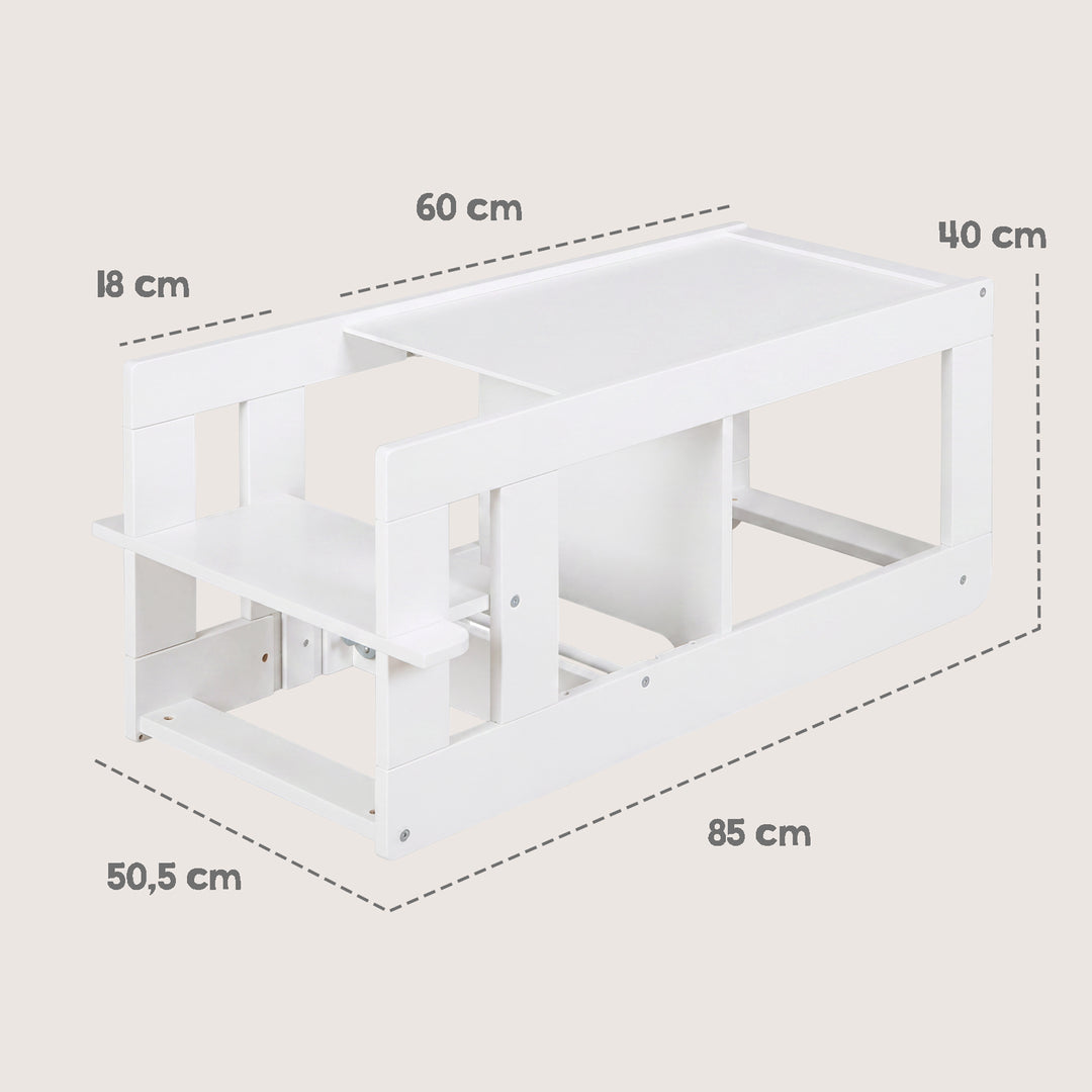 Maßgrafik der umgebauten Sitzgarnitur in Weiß: Länge 85 cm, Tiefe 50,5 cm, Tischbreite 60 cm, Höhe 40 cm, Sitzhöhe 18 cm.