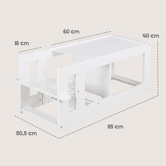 Maßgrafik der umgebauten Sitzgarnitur in Weiß: Länge 85 cm, Tiefe 50,5 cm, Tischbreite 60 cm, Höhe 40 cm, Sitzhöhe 18 cm.