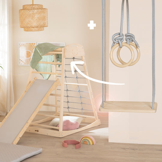 Set Indoor Spielturm inkl. komplettem Zubehör - Holz natur / Grau – Infografik (4/13)