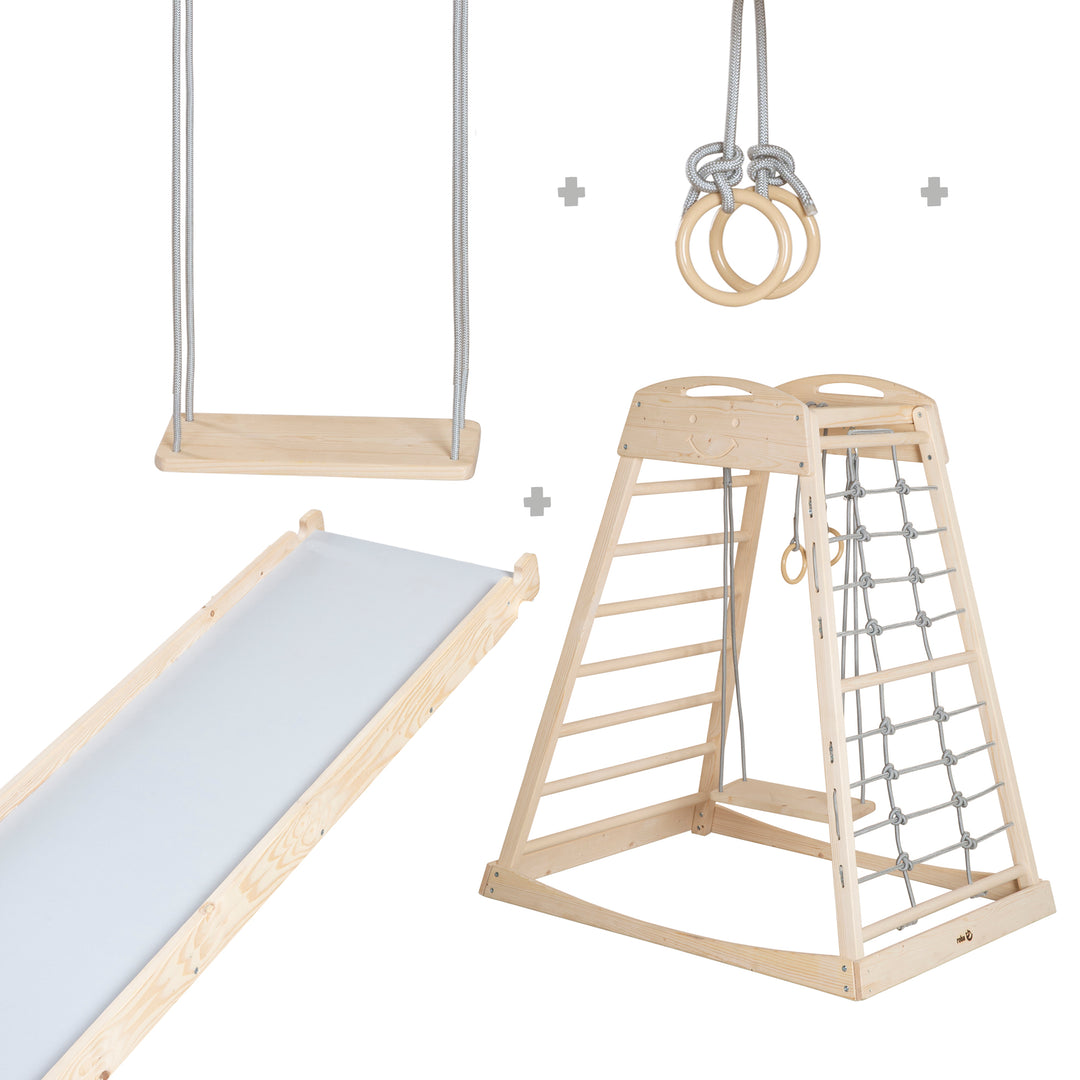 Set Indoor Spielturm inkl. komplettem Zubehör - Holz natur / Grau – Infografik (1/13)