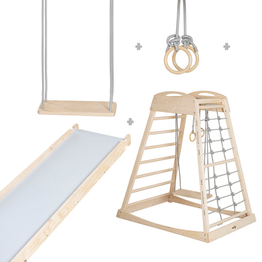 Set Indoor Spielturm inkl. komplettem Zubehör - Holz natur / Grau – Infografik (1/13)