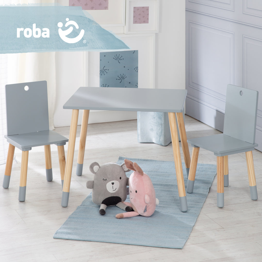 Set tavolo e sedie per bambini, mobili per bambini set, 2 sedie per bambini & 1 tavolo, set tavolo e sedie legno, grigio laccato – Infografica (9/10)