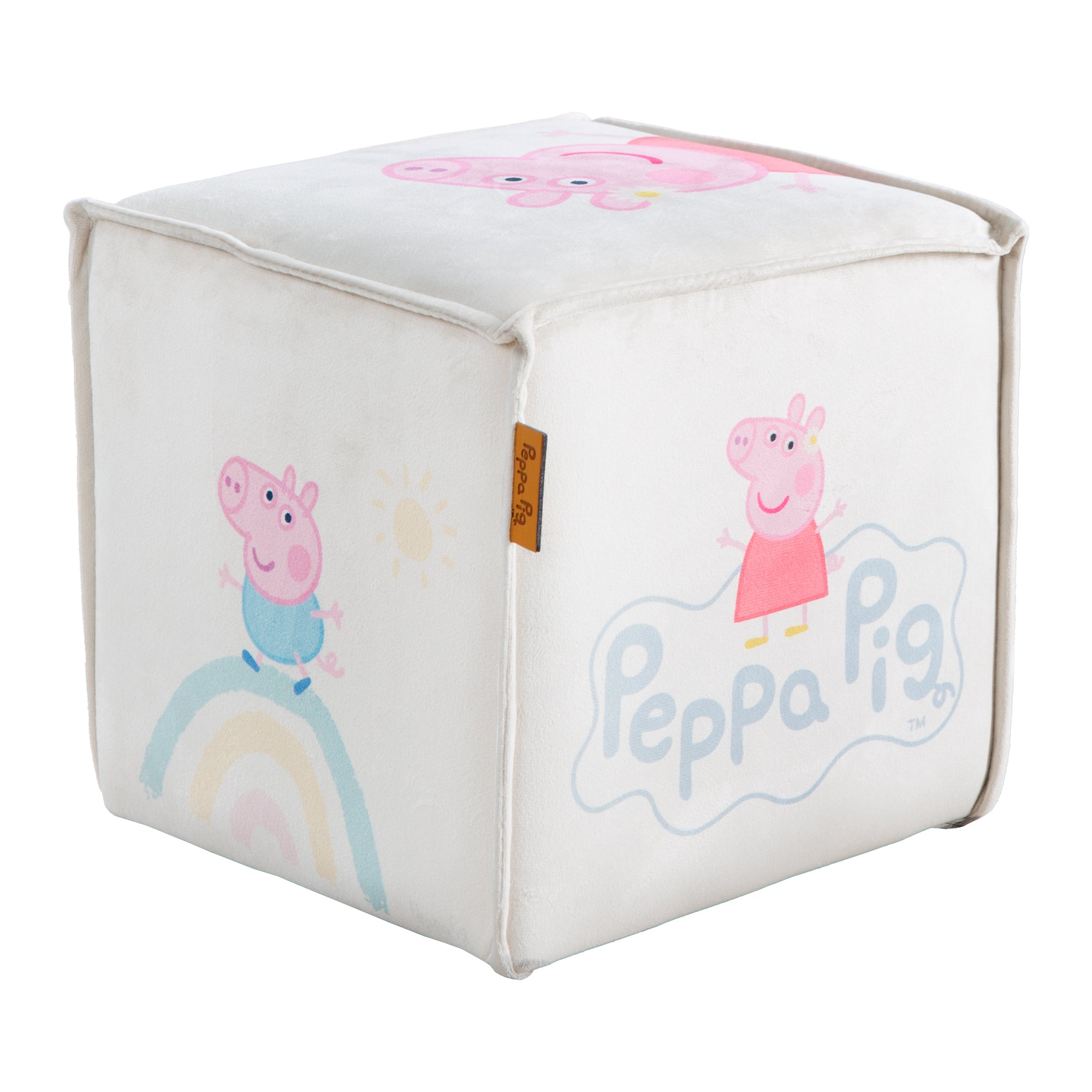 Taburete infantil 'Peppa Pig' en forma de cubo - Funda de terciopelo en beige + peppa print – Recorte (1/7)